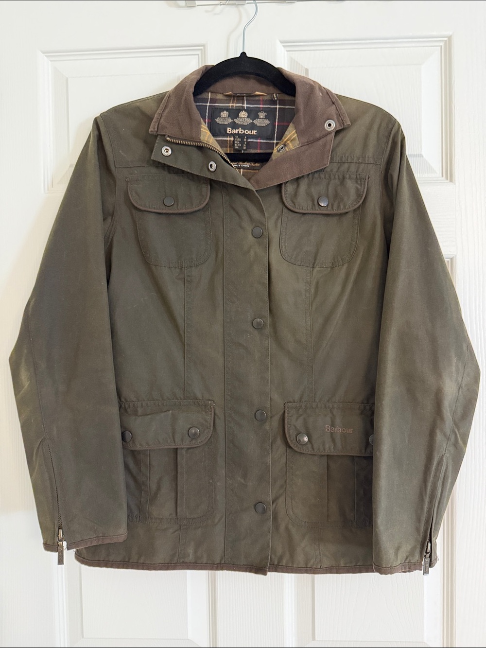 Barbour Olive Green Waxed Cotton Utility Jacket with Brown Corduroy Collar